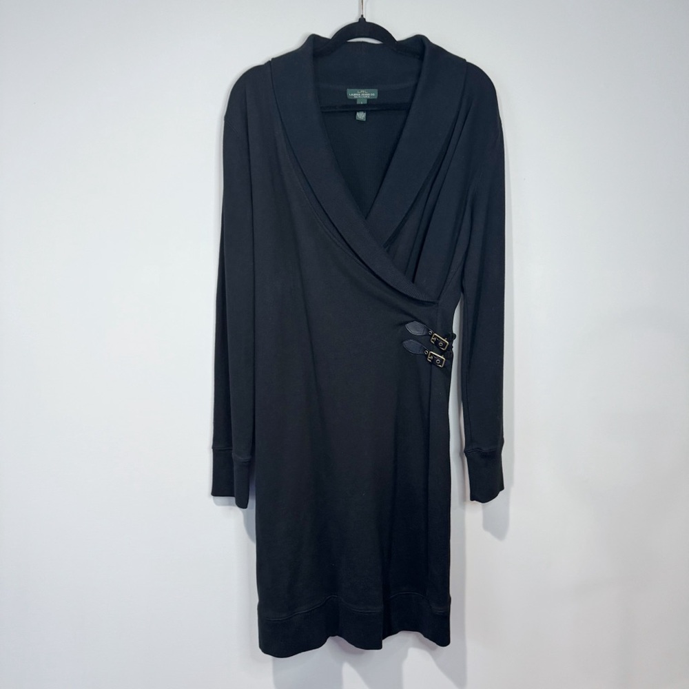 Lauren Ralph Lauren L Black Sweater Dress Faux Wrap Side Buckles Shawl Collar